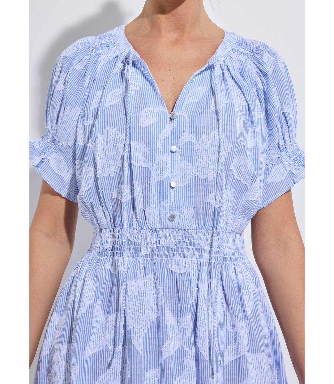Robe longue smocks coton rayures et jacquard-3