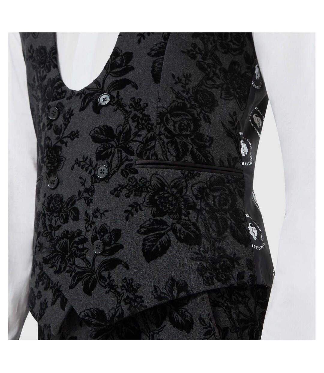 Mens Floral Embroidery Wool Blend Skinny Waistcoat Charcoal Twisted Tailor-4