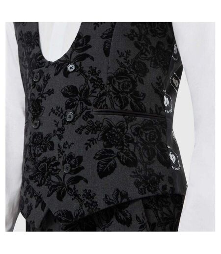 Mens Floral Embroidery Wool Blend Skinny Waistcoat Charcoal Twisted Tailor