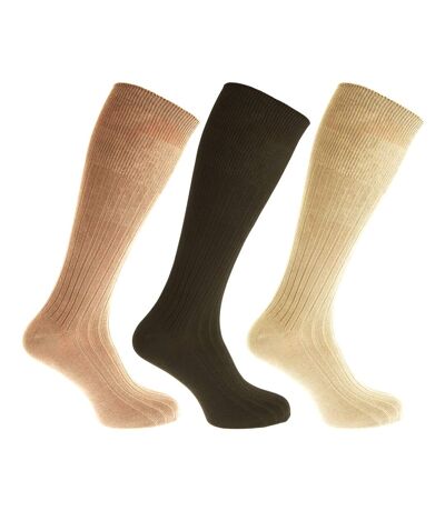Mens 100% Cotton Ribbed Knee High Socks (Pack Of 3) (Shades Of Brown) - UTMB489