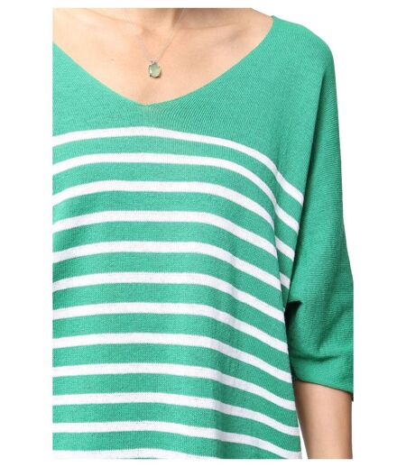 Pull femme rayé - Pull col en V - Manches 3/4 - Couleur Vert