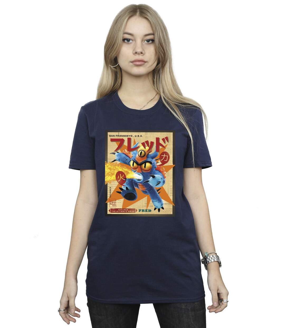 Disney Femme/Les femmes Big Hero 6 Baymax Fred Newspaper Coton Boyfriend T-Shirt (Bleu marine) - UTBI15495-2