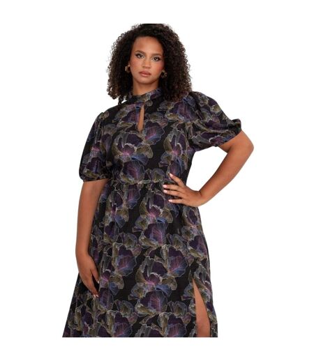 Womens/ladies Keyhole Regular Puff Sleeve Midi Dress Multicoloured Print Lovedrobe
