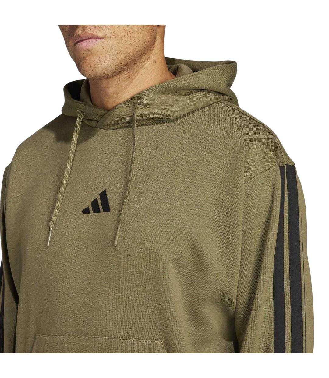 Mens Essentials 3 Stripes Fleece Logo Hoodie Olive Strata Adidas-4