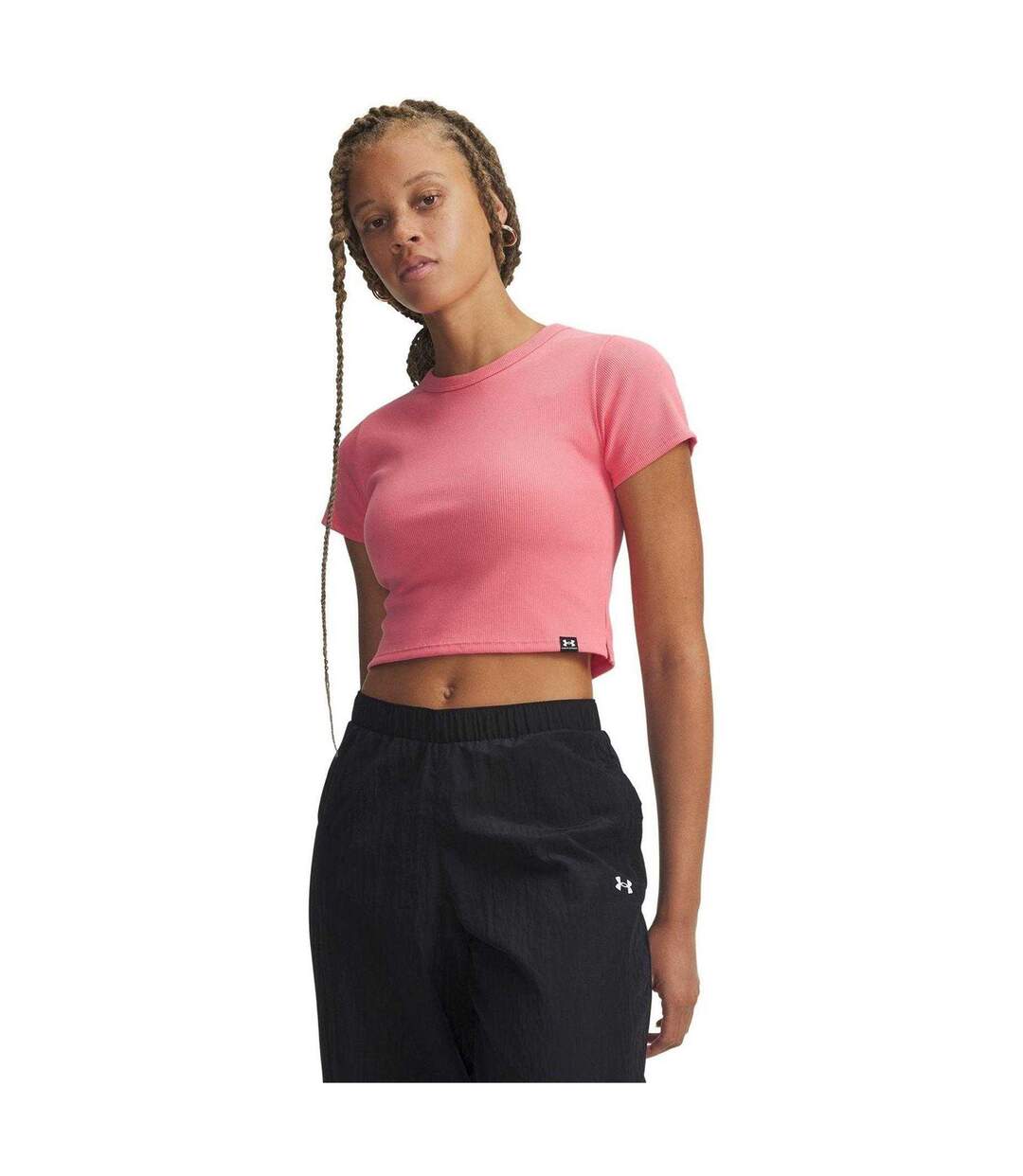 Womens/ladies Ribbed Crop Top Pink White Under Armour-1