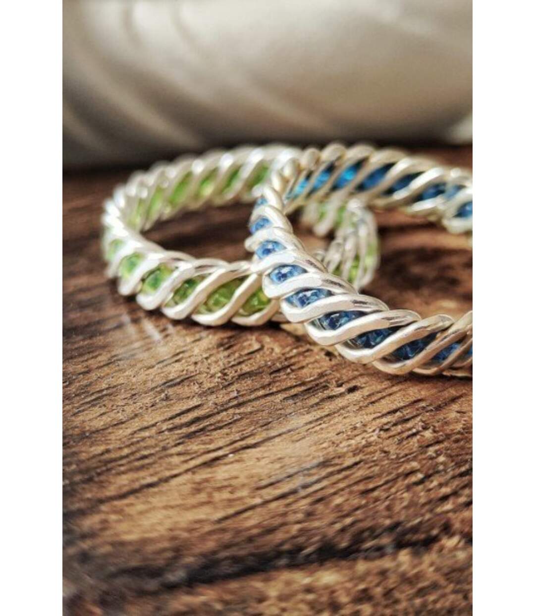 925 Silver Green & Blue Link Chain Stacking Band Adjustable Ring-2