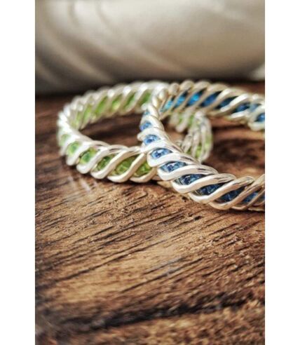 925 Silver Green & Blue Link Chain Stacking Band Adjustable Ring