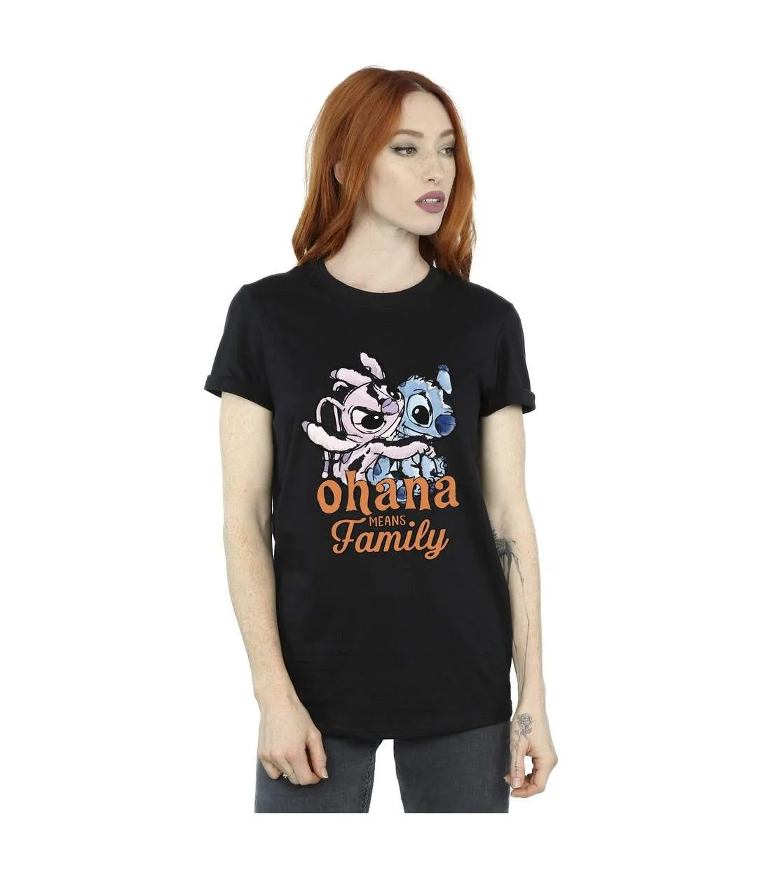 Disney Womens/Ladies Lilo And Stitch Ohana Angel Hug Cotton Boyfriend T-Shirt (Noir) - UTBI30158-2