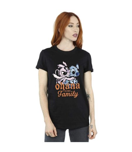 Disney Womens/Ladies Lilo And Stitch Ohana Angel Hug Cotton Boyfriend T-Shirt (Noir) - UTBI30158