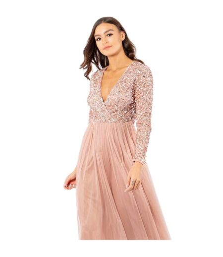Womens/ladies V Neck Long-sleeved Wrap Dress Pale Mauve Deluxe