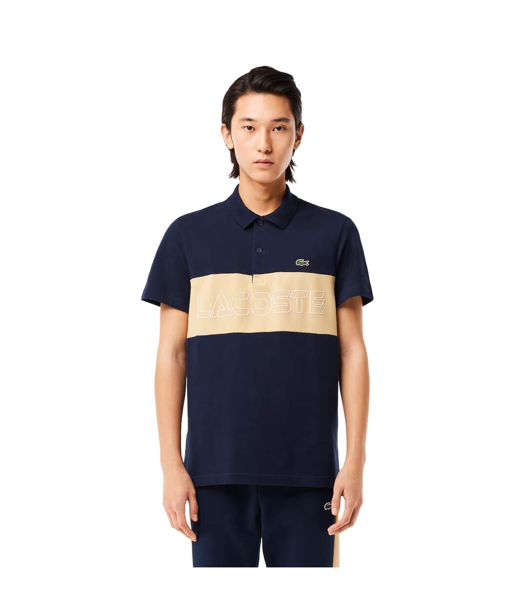 Mens Pique Stretch Regular Polo Shirt Navy Cream Lacoste-1