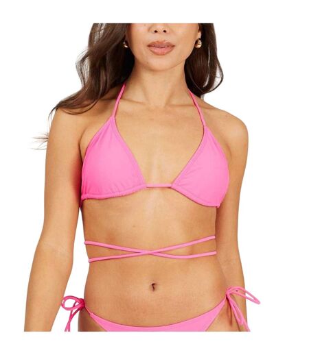 Womens/ladies Wrap Tie Neck Bikini Top Neon Pink Brave Soul