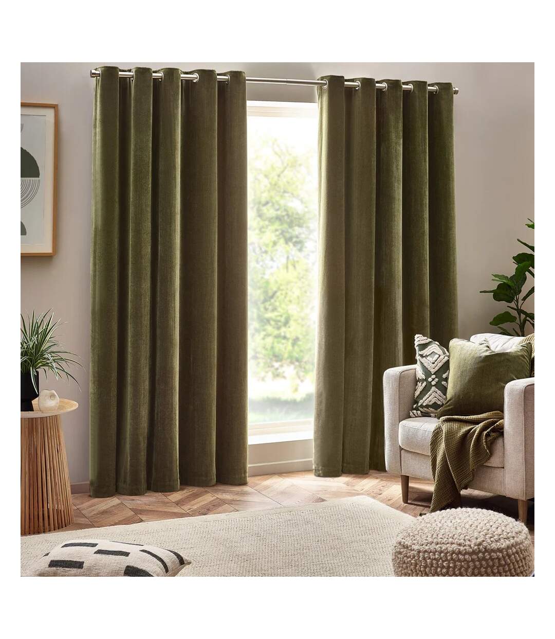 Chenille velvet eyelet curtains 117cm x 137cm olive Yard-1