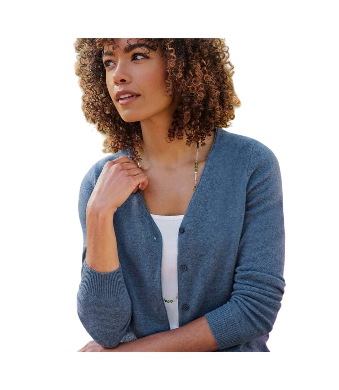 Womens/ladies Cashmere V Neck Classic Cardigan Denim Marl WoolOvers-3