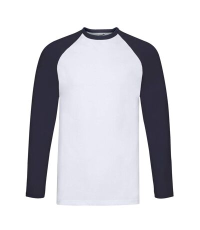 Mens Contrast Long-sleeved Baseball T-shirt White Deep Navy Fruit Of The Loom