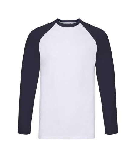 Mens Contrast Long-sleeved Baseball T-shirt White Deep Navy Fruit Of The Loom