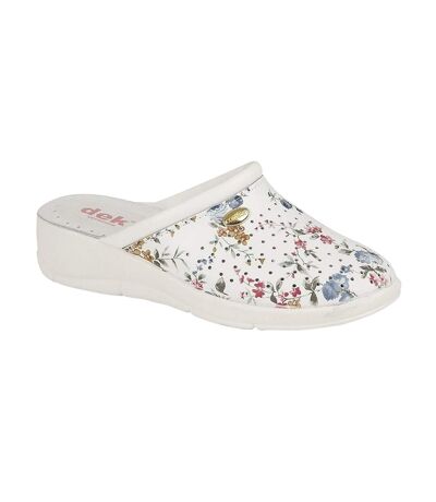 Womens/ladies Floral Leather Clogs White Dek