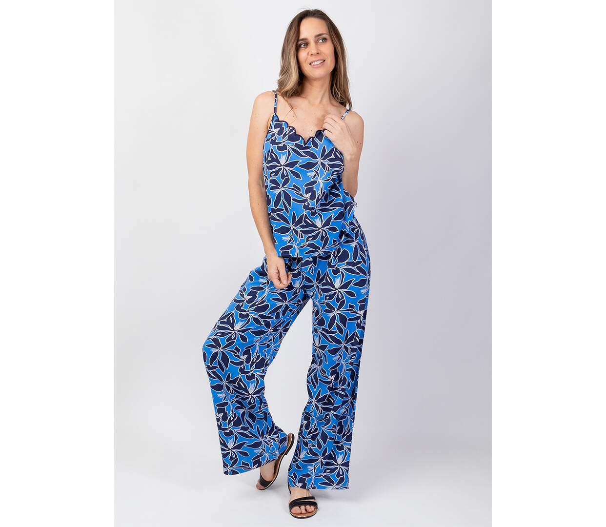 Pantalon été jambes larges MELODY imprimé floral bleu Coton Du Monde-5