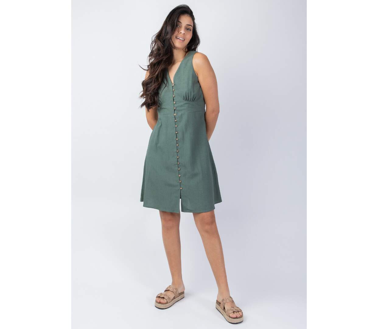 Robe courte sans manches MAURINE unie kaki Coton Du Monde-2
