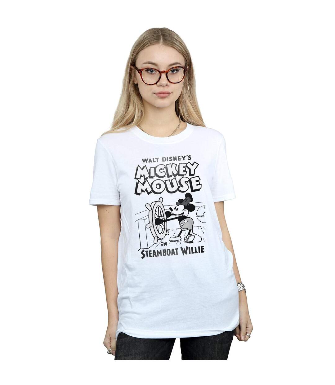 Disney Womens/Ladies Mickey Mouse Steamboat Willie Cotton Boyfriend T-Shirt (Blanc) - UTBI47711-2