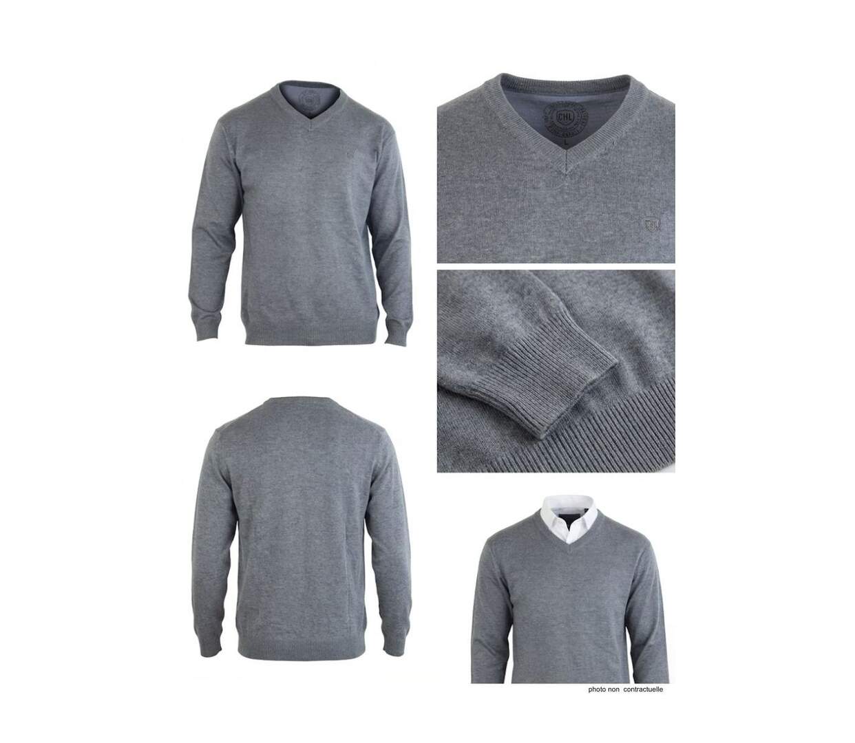 Pull Col V Homme PALAIS3 Gris avec Finitions Chambray-3