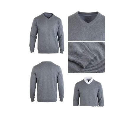 Pull Col V Homme PALAIS3 Gris avec Finitions Chambray