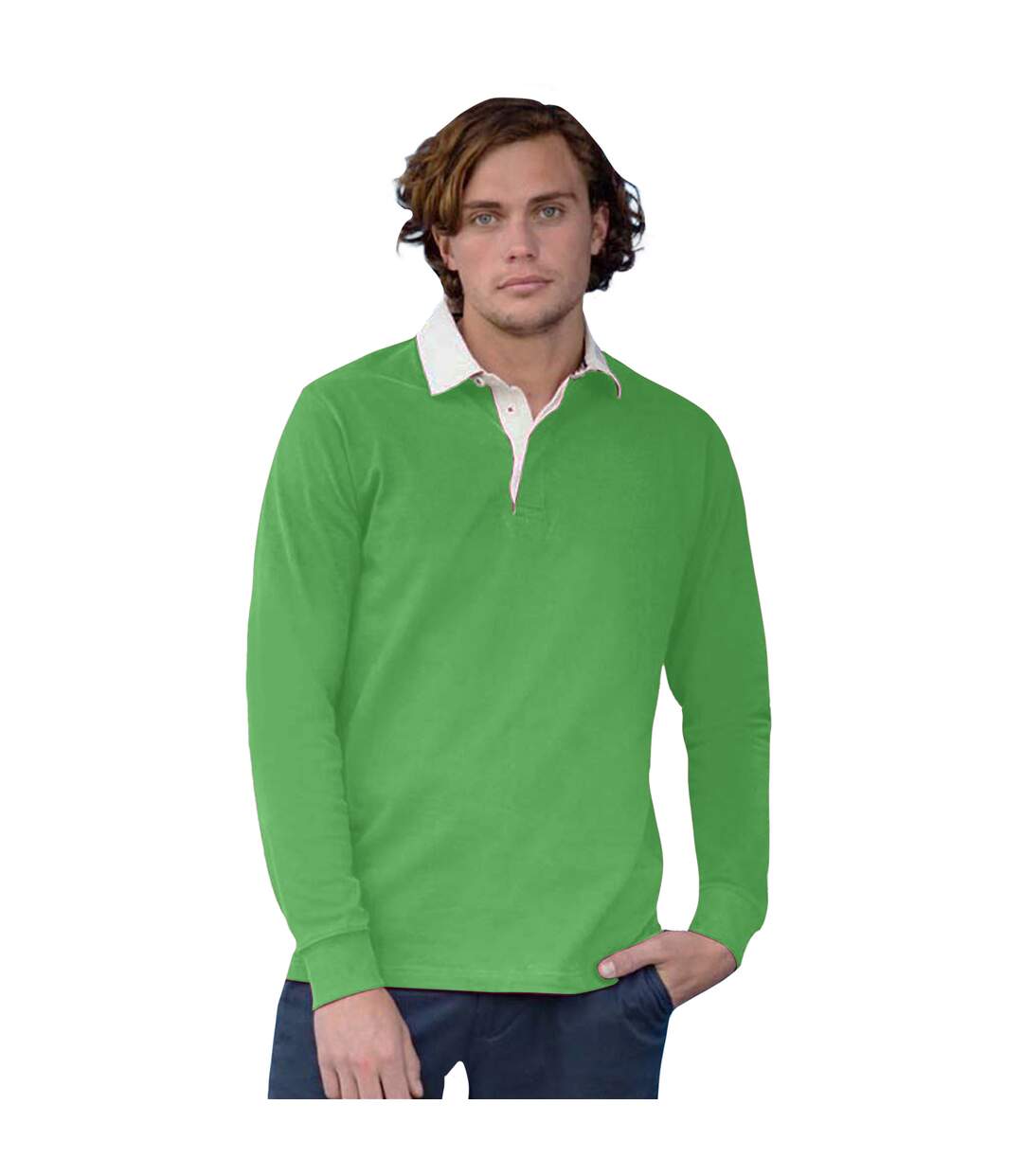 Polo de rugby à manches longues 100% coton homme vert vif/blanc Front Row-3