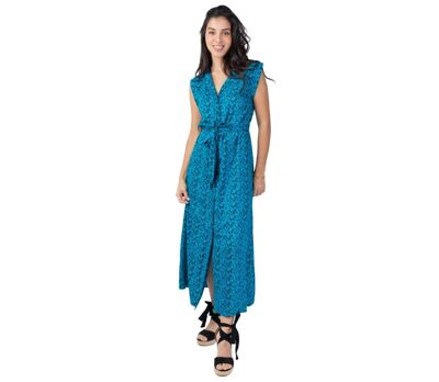 Robe longue ceinturée SELINA motif bleu et noir Coton Du Monde
