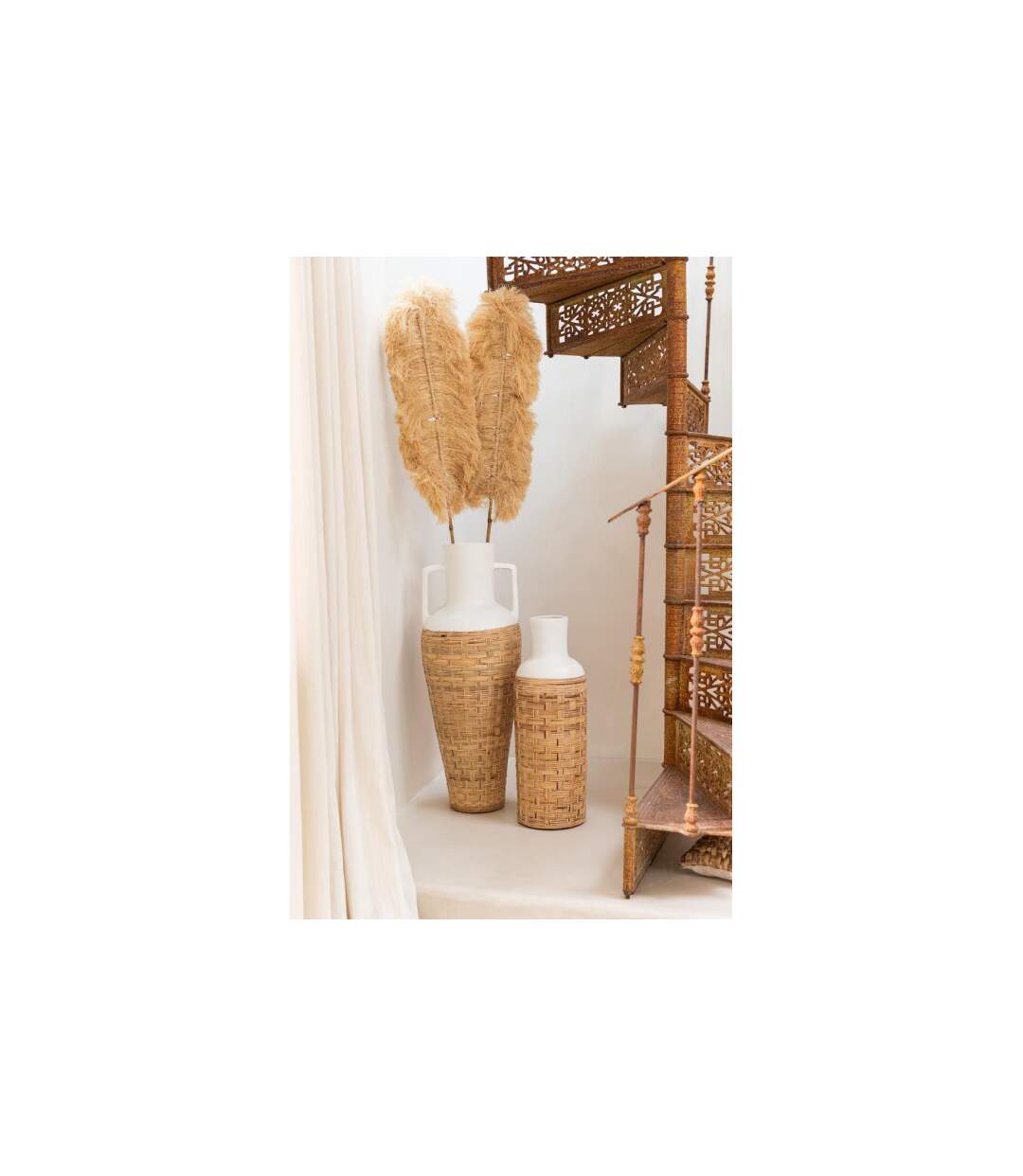 Vase Amphore avec Tissage Rotin Bali 100cm Blanc & Naturel-3