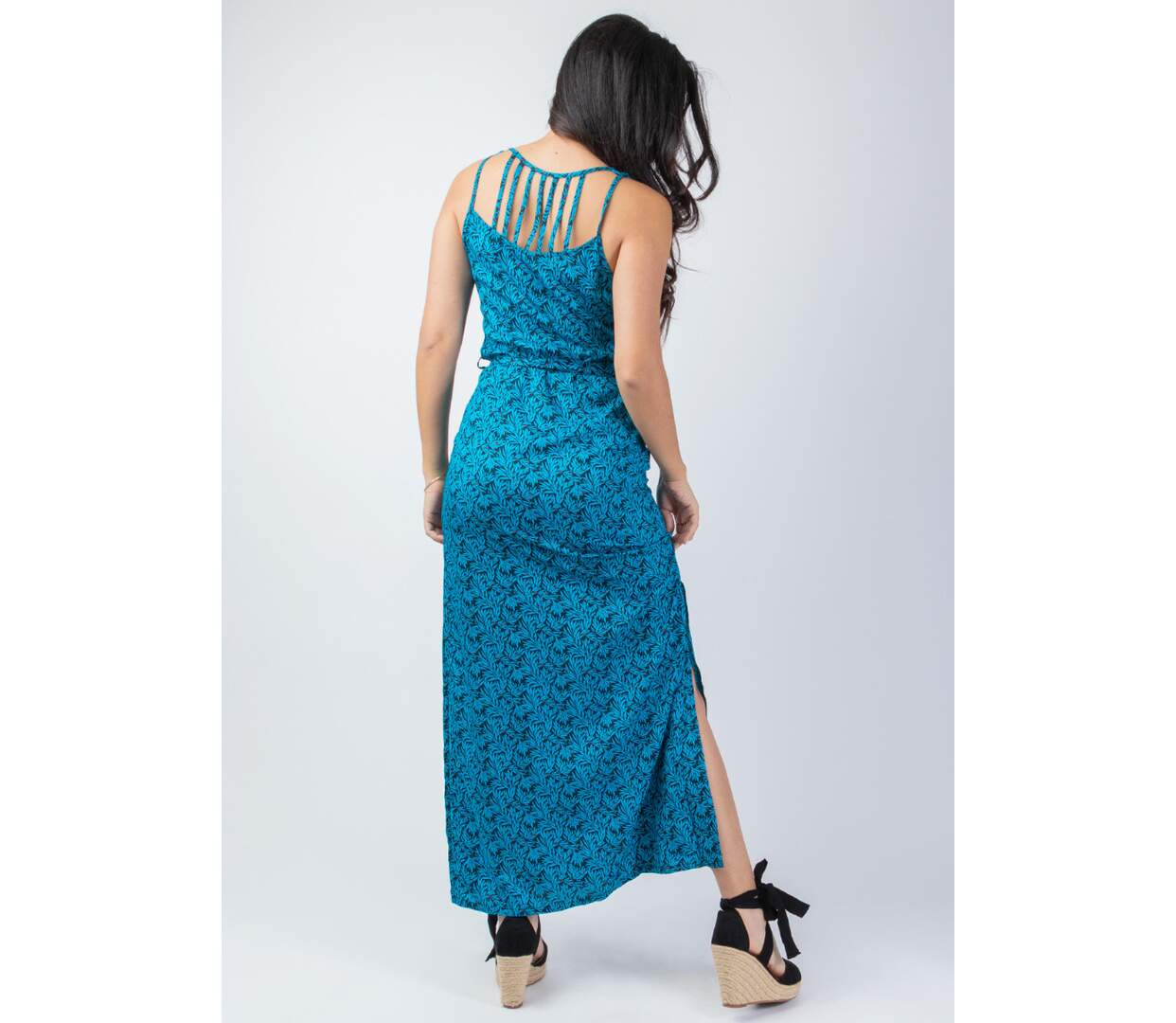 Robe longue fendue LAETITIA motif Palerme bleu Coton Du Monde-4