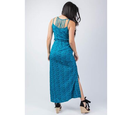Robe longue fendue LAETITIA motif Palerme bleu Coton Du Monde