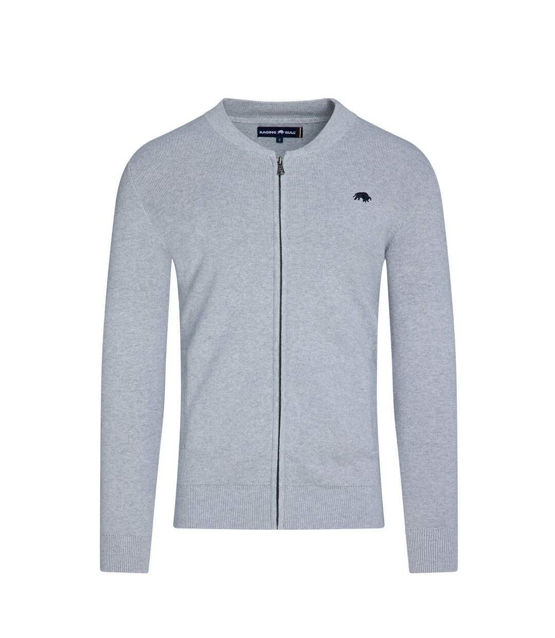 Mens knitted baseball collar cardigan grey marl Raging Bull-1