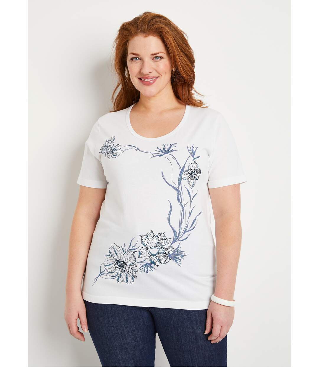 T-shirt motif fleurs encolure ronde-1