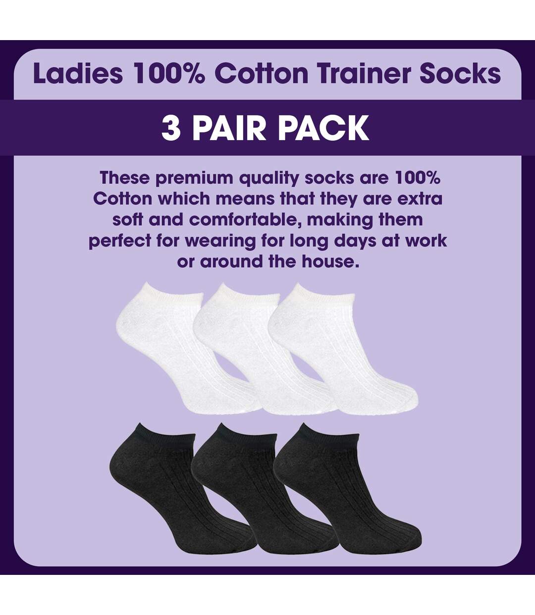 3 Pack Womens 100% Cotton Trainer Socks-3