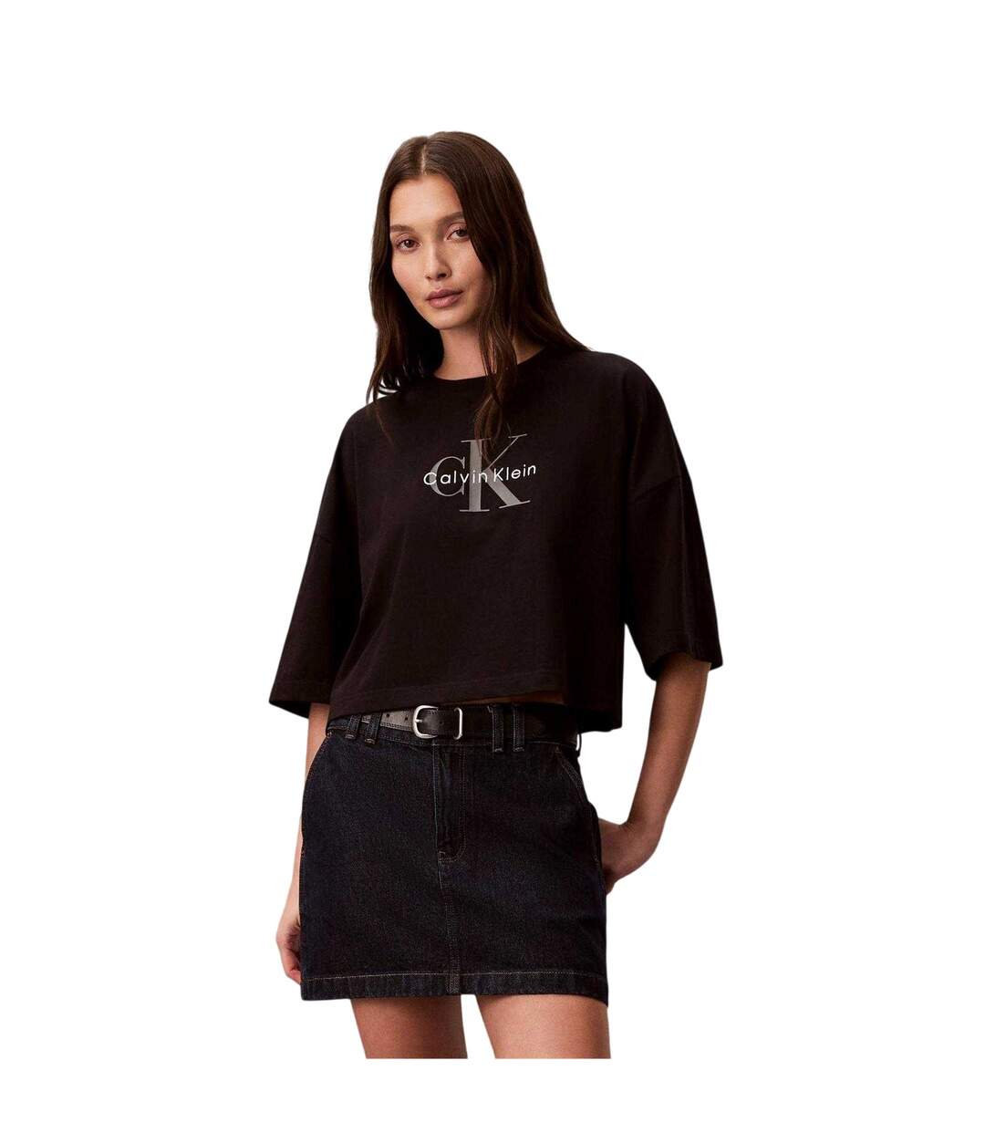 Womens/ladies Oversized Crop T-shirt Black Calvin Klein-2