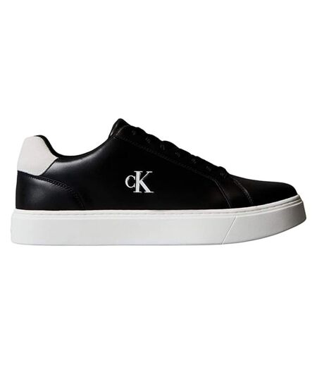Mens Classic Logo Leather Flat Trainers Black White Calvin Klein