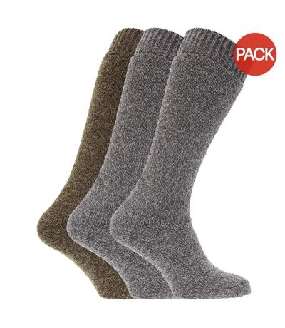 Lot de 3 Chaussettes pour bottes en caoutchouc en mélange de laine paires homme gris/marron Universal Textiles