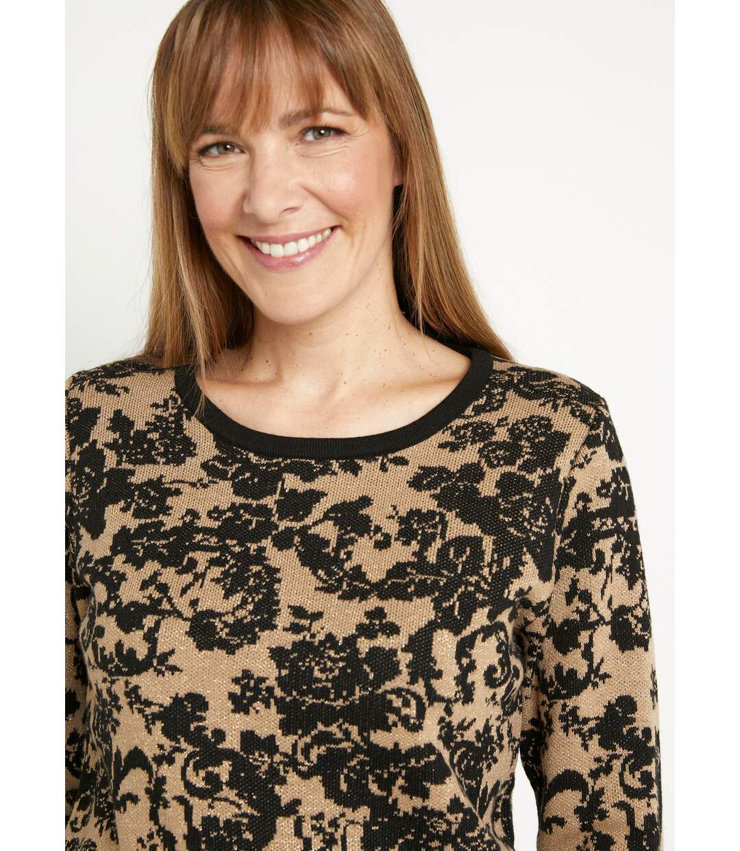 Pull chaud jacquard fleuri brillant col rond-4