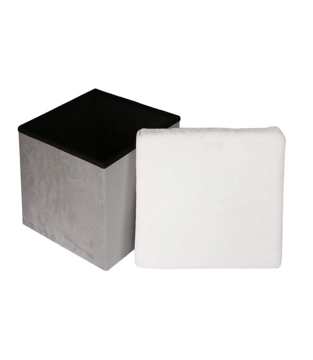 Pouf coffre de rangement bicolore imitation fourrure Léo Gris clair et blanc-3