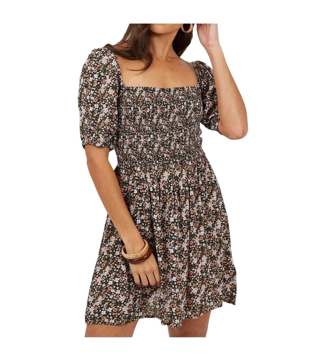 Womens/ladies Floral Square Neck Puff Sleeve Mini Dress Pink Multicoloured Brave Soul-2
