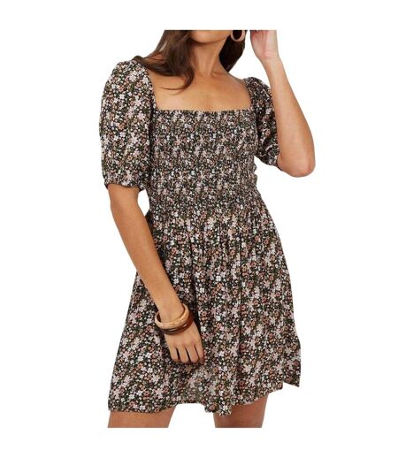Womens/ladies Floral Square Neck Puff Sleeve Mini Dress Pink Multicoloured Brave Soul