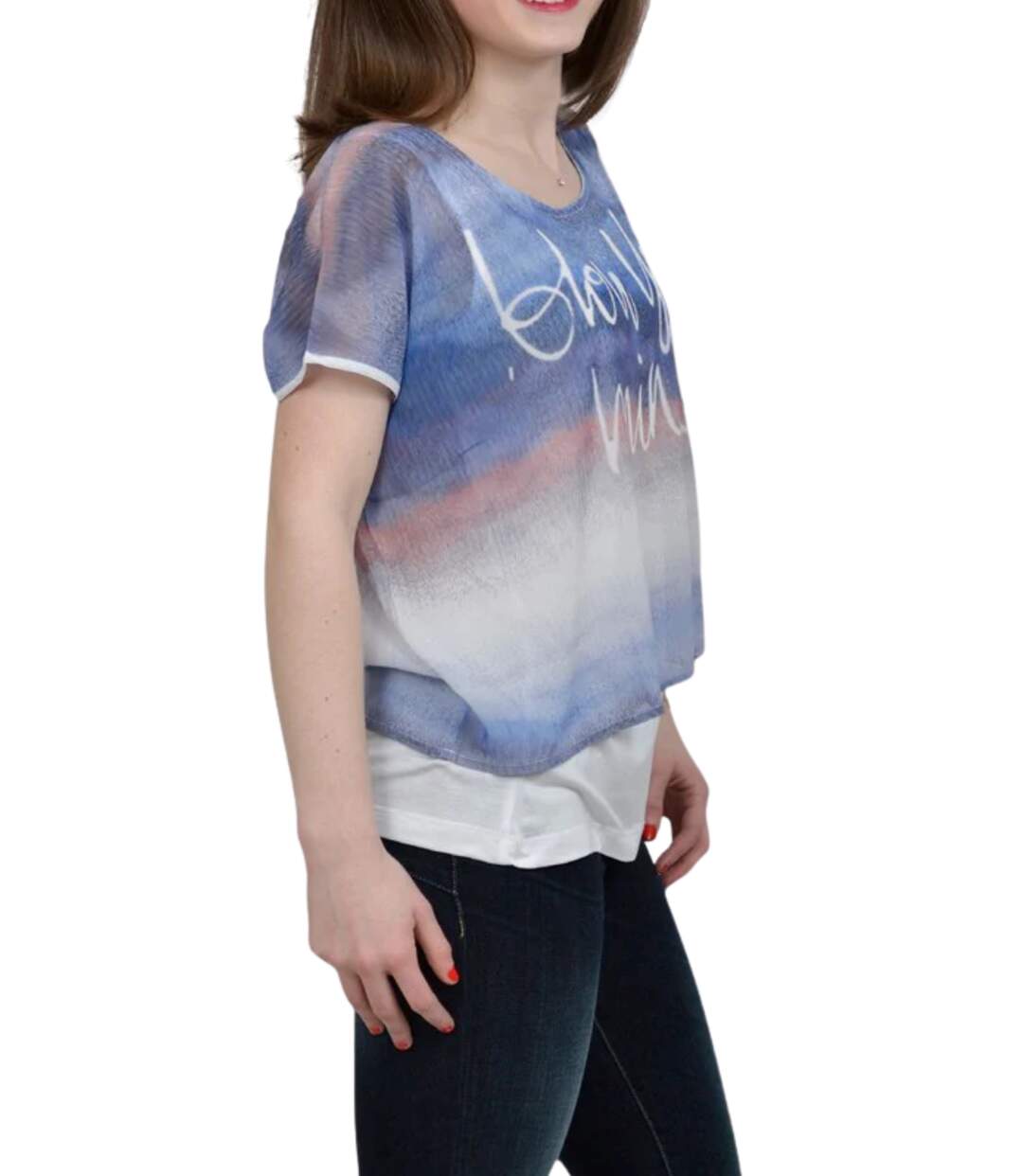 Tee - shirt femme manches courtes col rond ample - Imprimé graphique blanc - 100% polyester, doublé - coupe confortable-3
