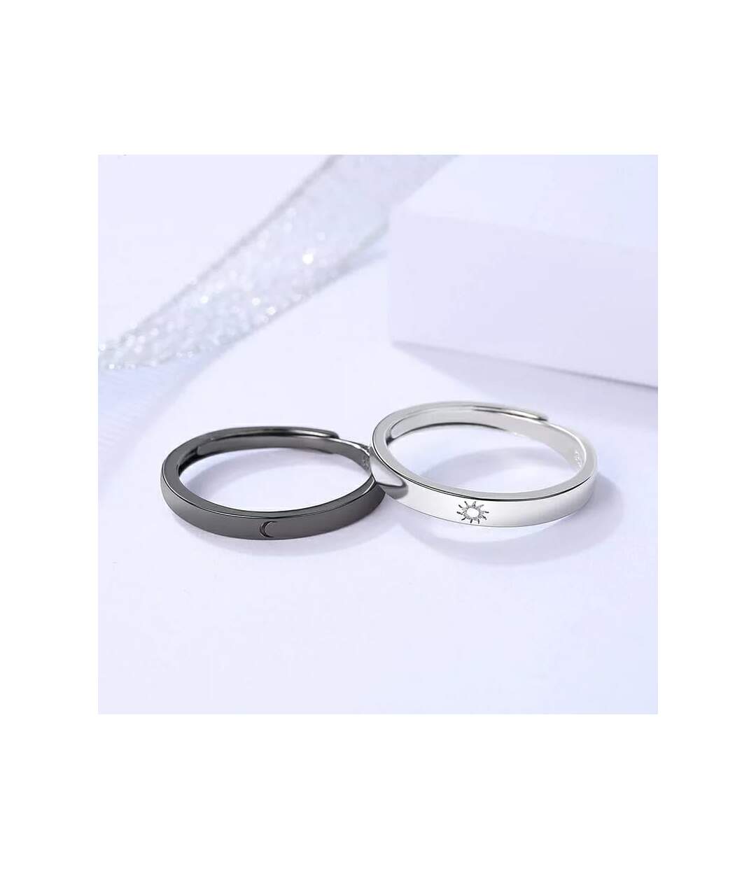 Adjustable Sterling Silver Couple Moon and Sun Promise Ring set-3