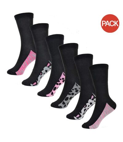 Pack of 6  Womens/ladies animal print socks  black RJM