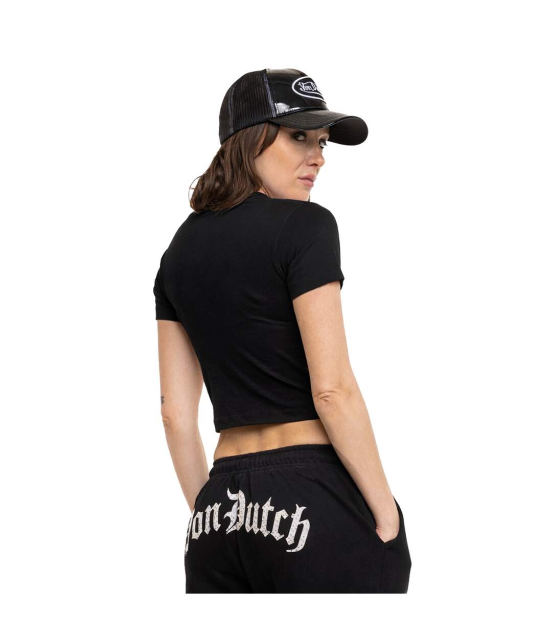 T-shirt femme crop top moulant col rond print devant Rud Vondutch-2