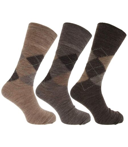 Mens Traditional Argyle Pattern Non Elastic Lambs Wool Blend Socks (Pack Of 3) (Shades of Brown) - UTMB276