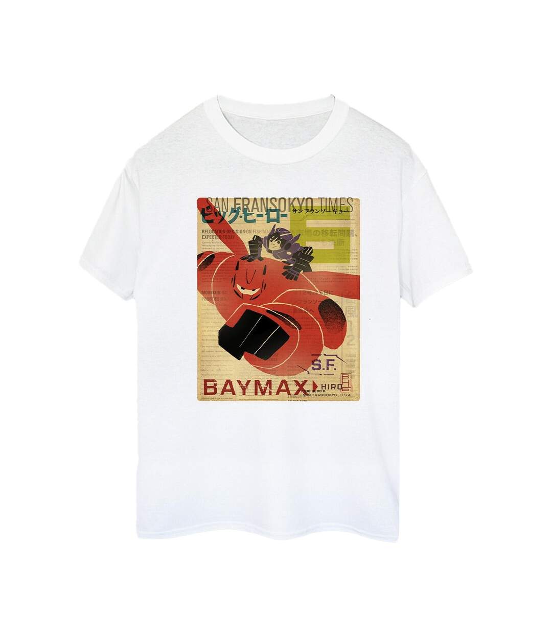 Disney Femme/Ladies Big Hero 6 Baymax Flying Baymax Newspaper Cotton Boyfriend T-Shirt (Blanc) - UTBI15472-1