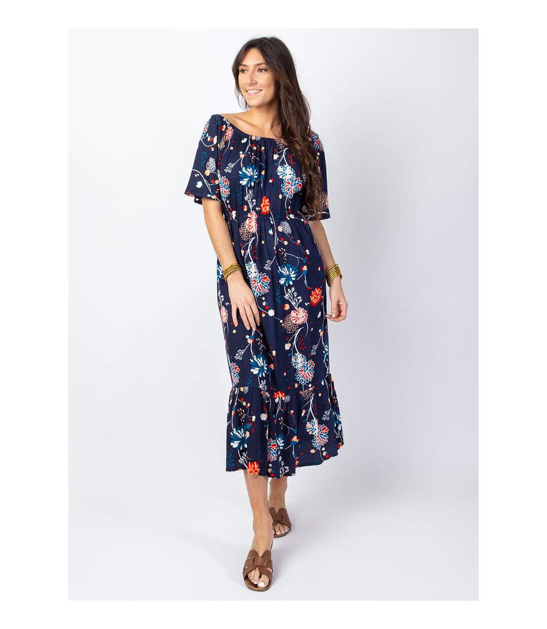 Robe longue chic DALIA col bardot imprimé fleuri bleu Coton Du Monde