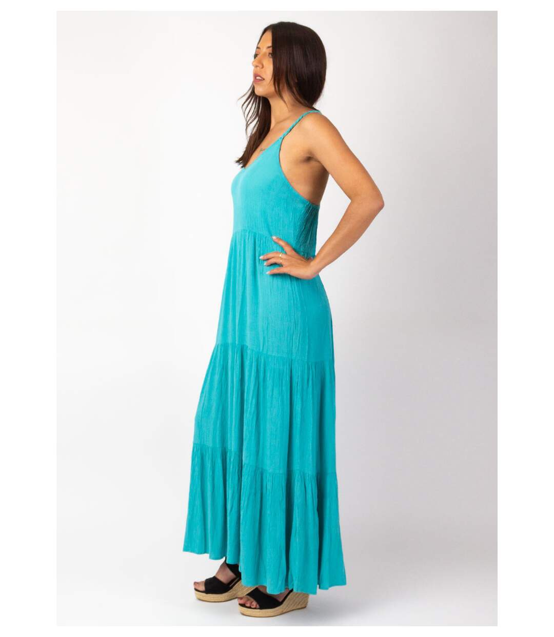 Robe longue unie fines bretelles torsadées MONICA turquoise Coton Du Monde-2