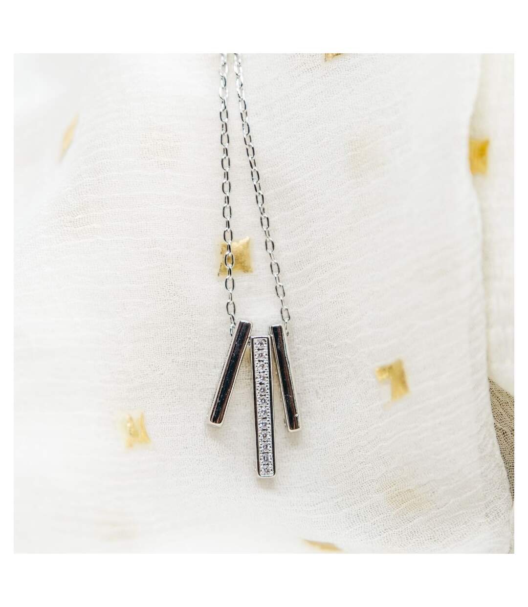 Sterling Silver Geometric Three Zircon Bar Drop Pendant Necklace-1